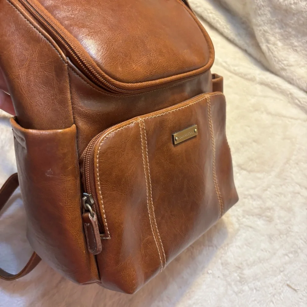 Connections Mini Backpack Tan Cognac Faux Leather Brass-tone Hardware Brown Intr
